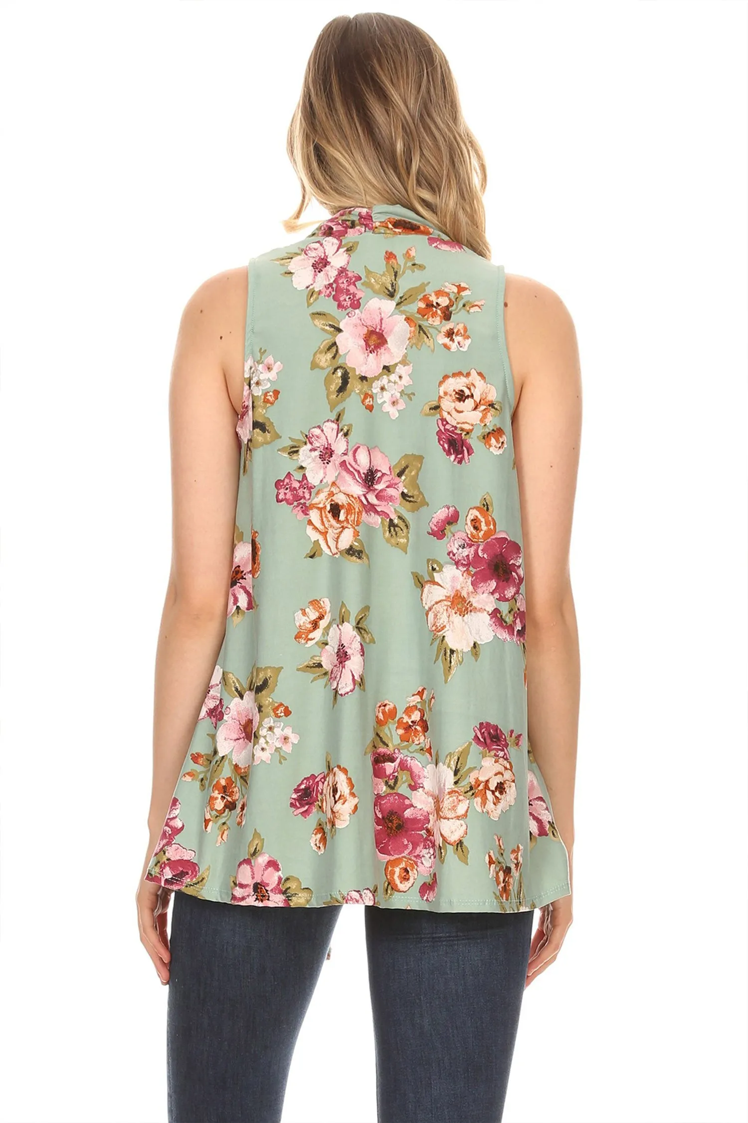 Women's Sleeveless Basic Pattern Print Open Front Draped Neck Sweater Outerwear Vest