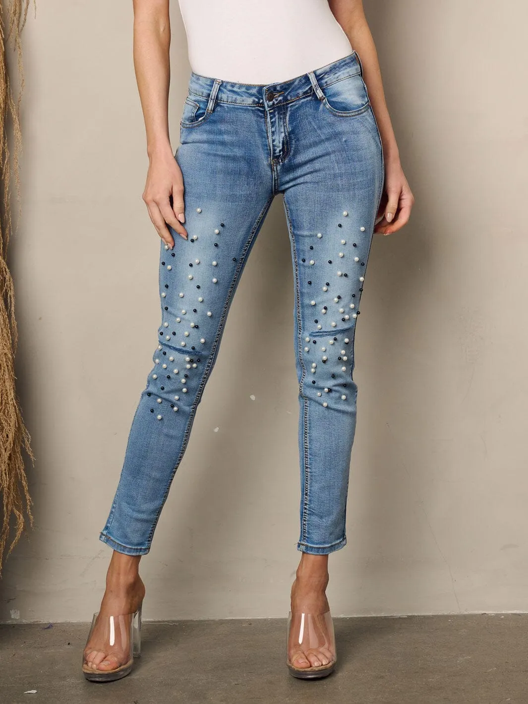 WOMEN'S WASHED PEARL DENIM SKINNY JEANS