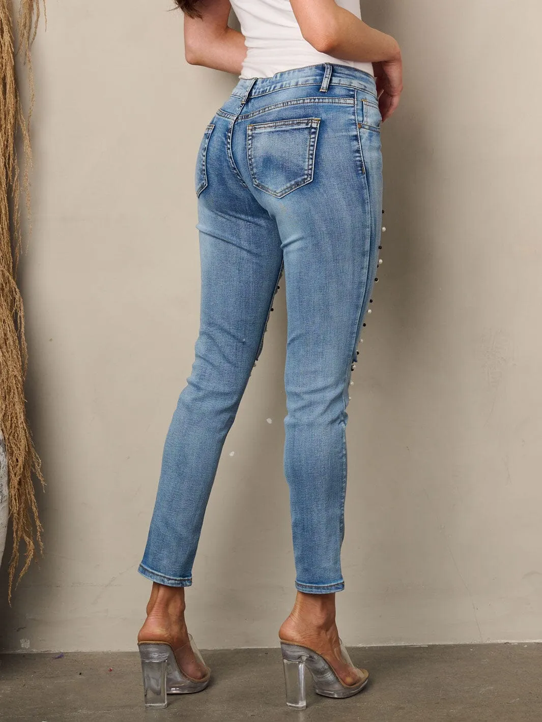 WOMEN'S WASHED PEARL DENIM SKINNY JEANS