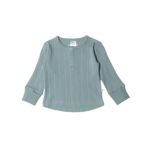 Woolbabe Organic Cotton/Merino Long Sleeve Henley Top - Tide Marl