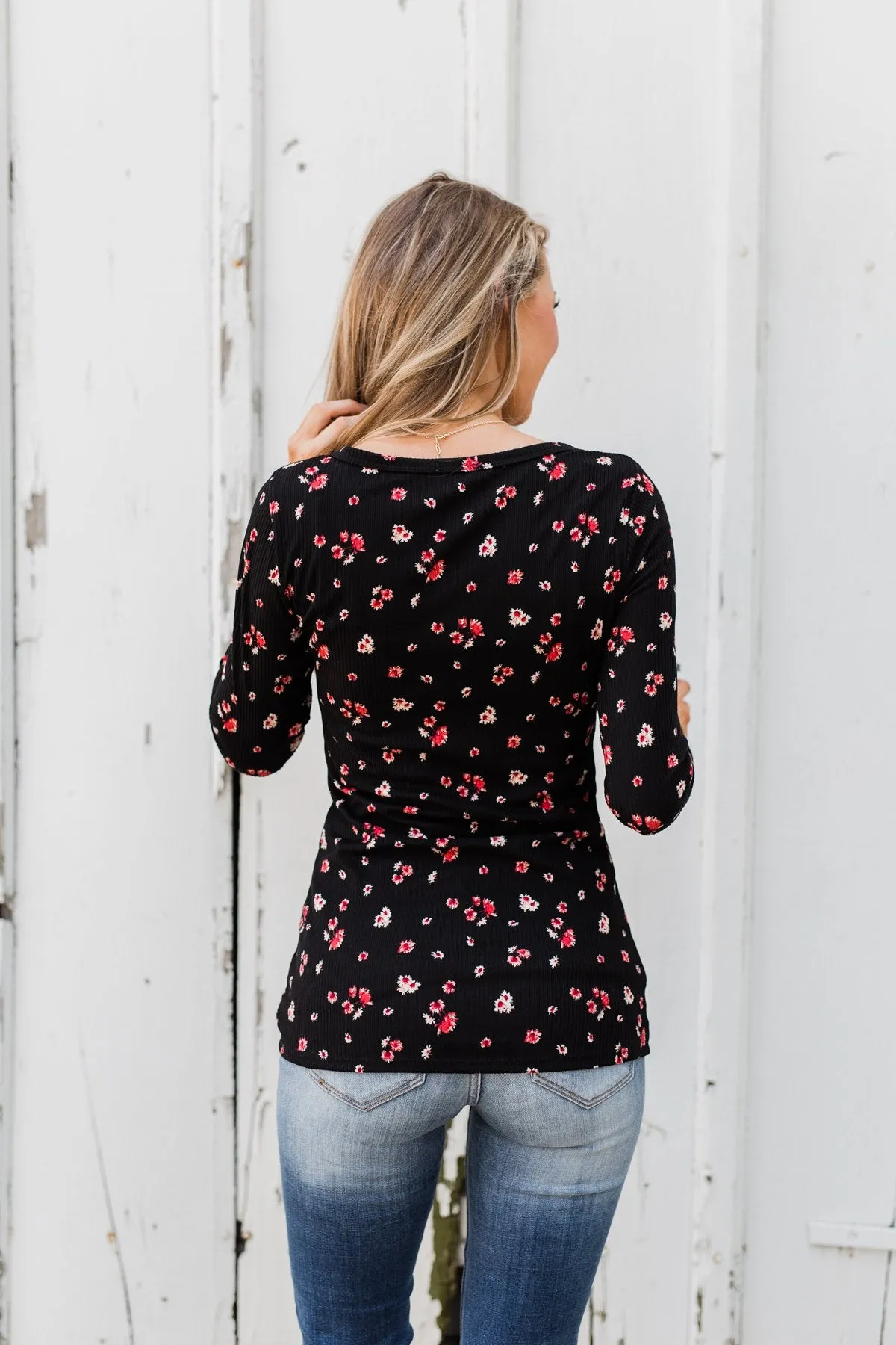 Work of Art Long Sleeve Floral Henley- Black