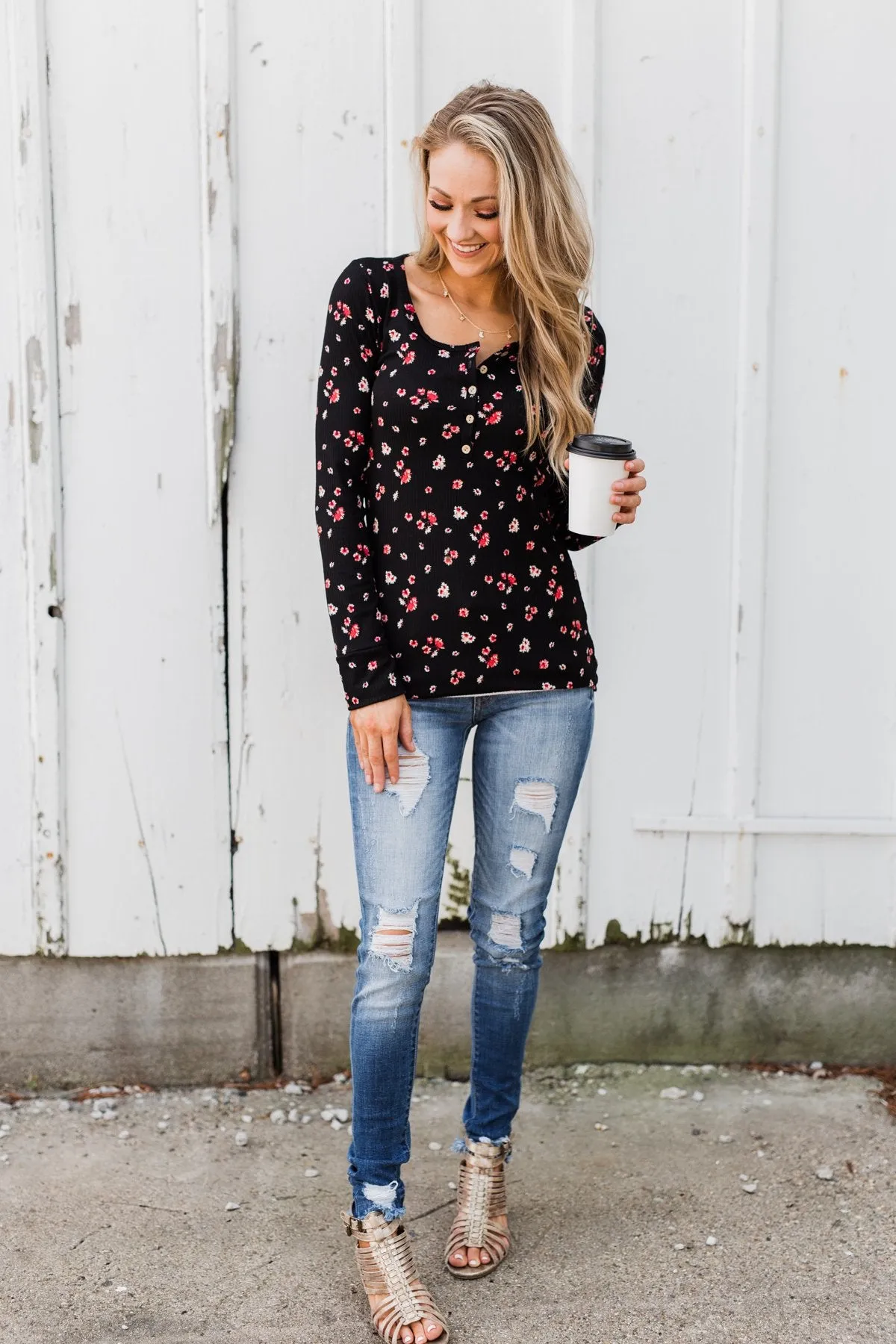 Work of Art Long Sleeve Floral Henley- Black