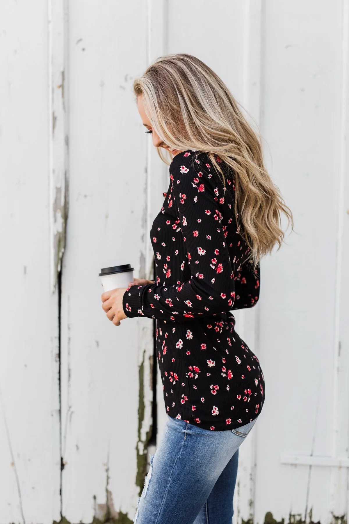 Work of Art Long Sleeve Floral Henley- Black