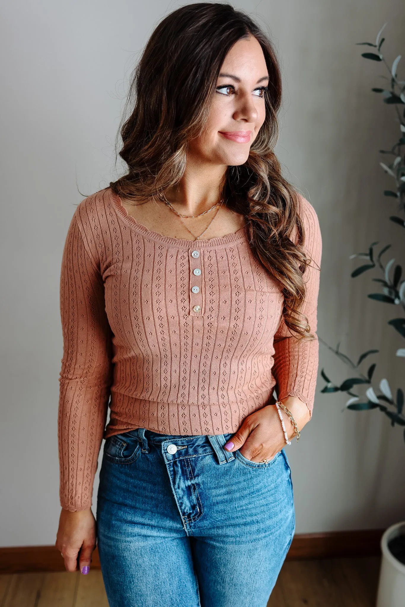 Wren Pointelle Long Sleeve Top - Desert Sand