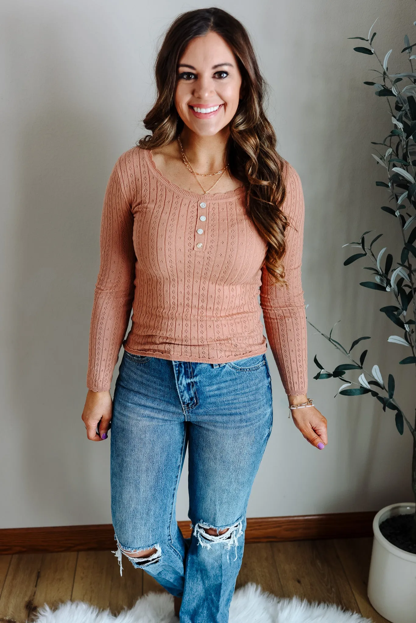 Wren Pointelle Long Sleeve Top - Desert Sand