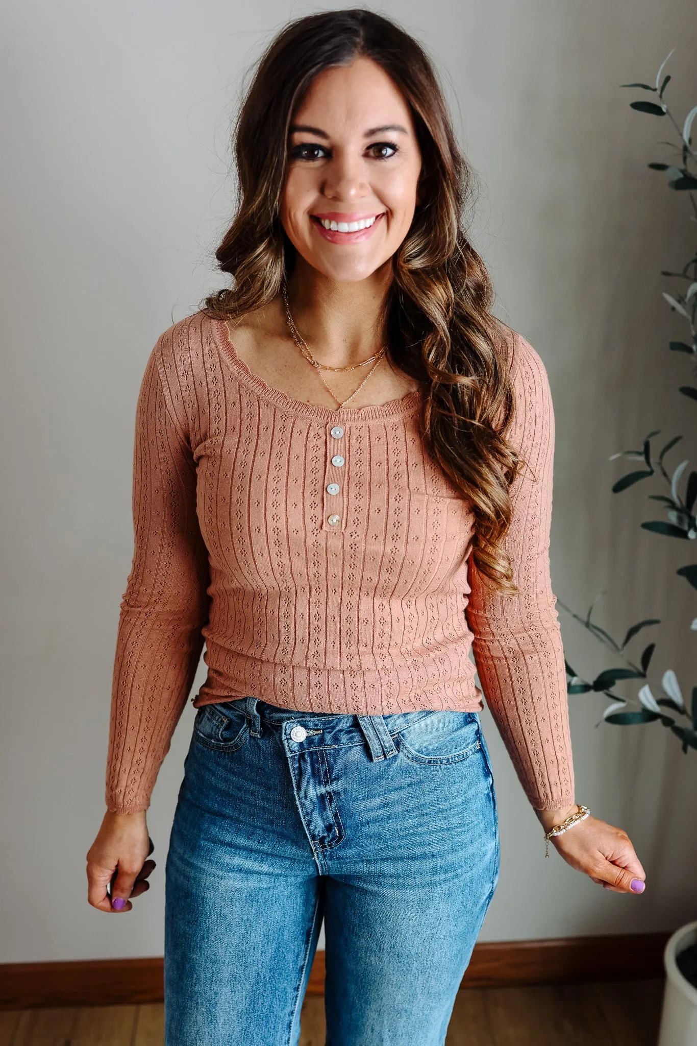 Wren Pointelle Long Sleeve Top - Desert Sand