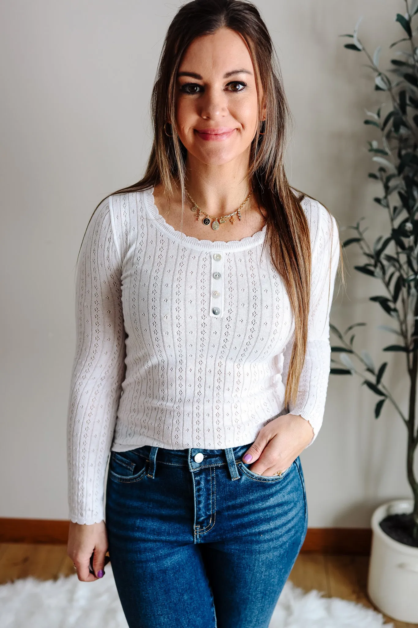 Wren Pointelle Long Sleeve Top - White