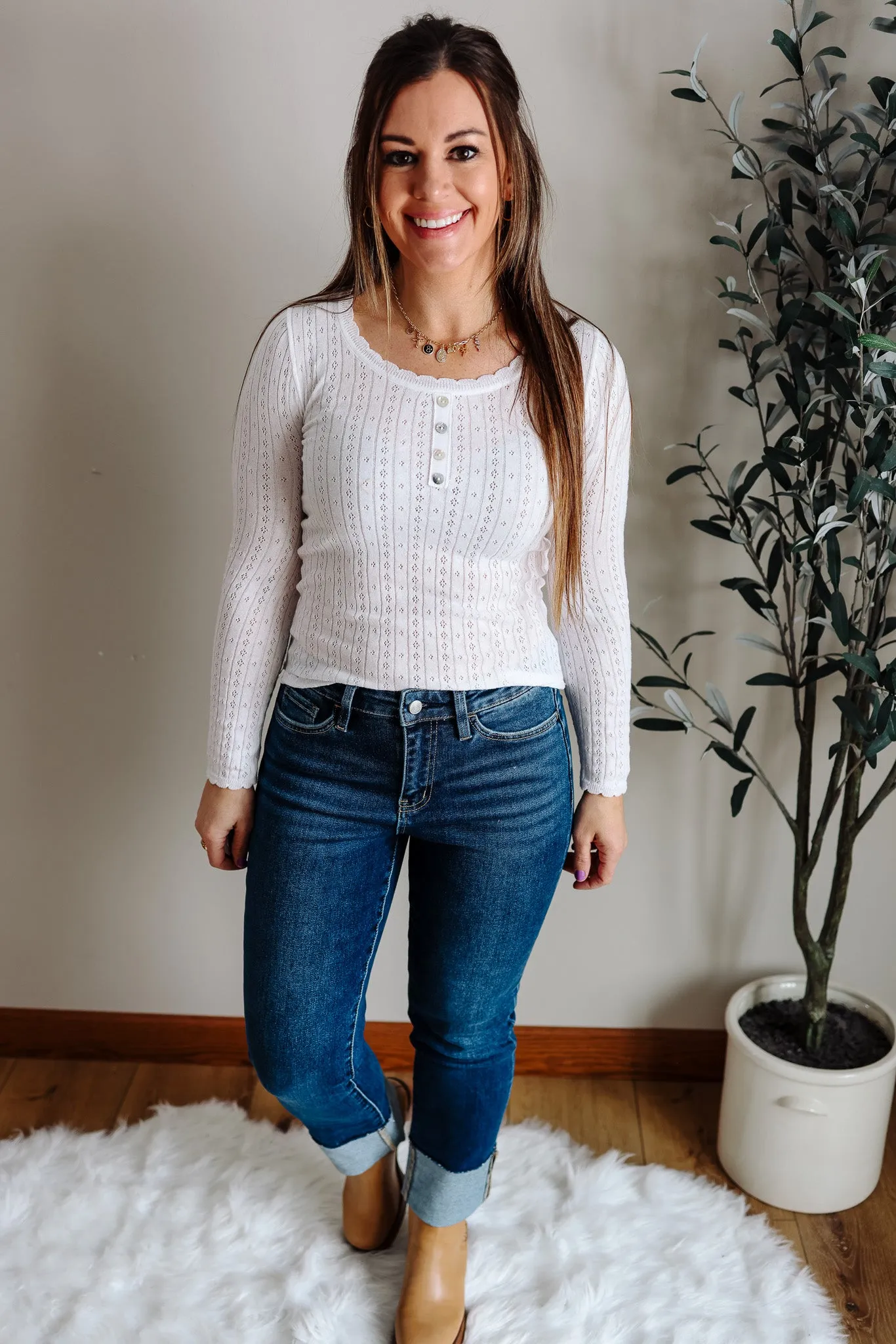 Wren Pointelle Long Sleeve Top - White