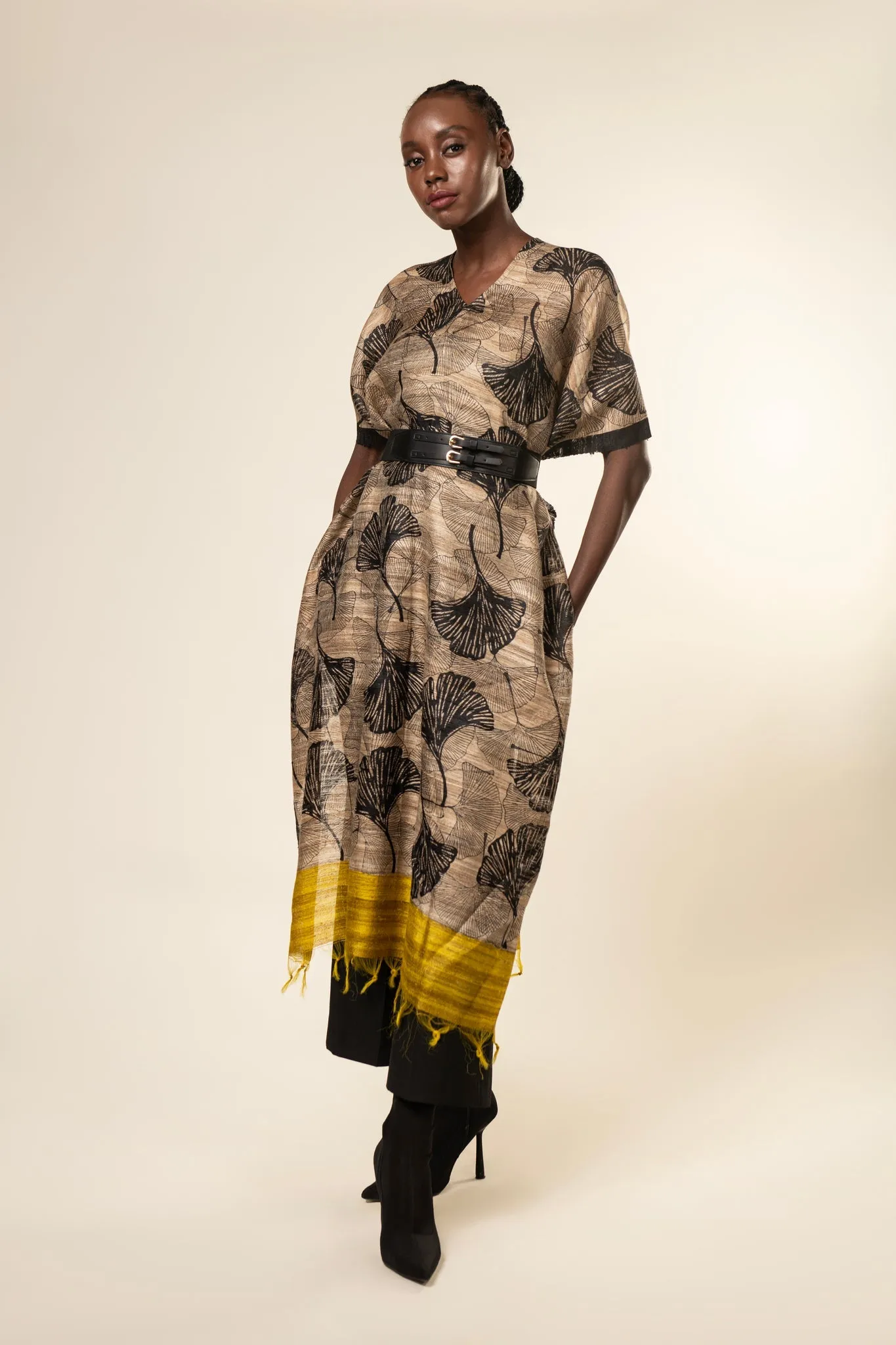 Yellow Ginkgo Tussar Peace Silk 3 in 1 Cape