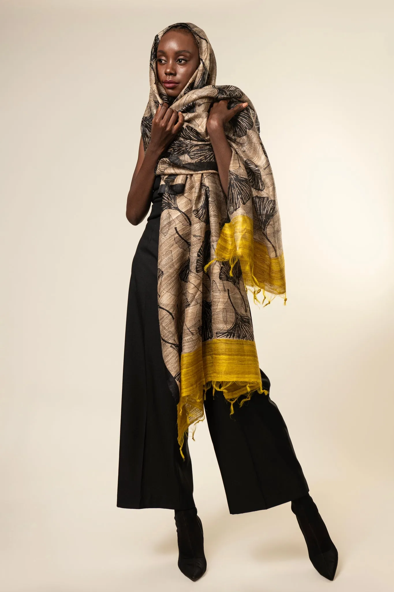 Yellow Ginkgo Tussar Peace Silk 3 in 1 Cape