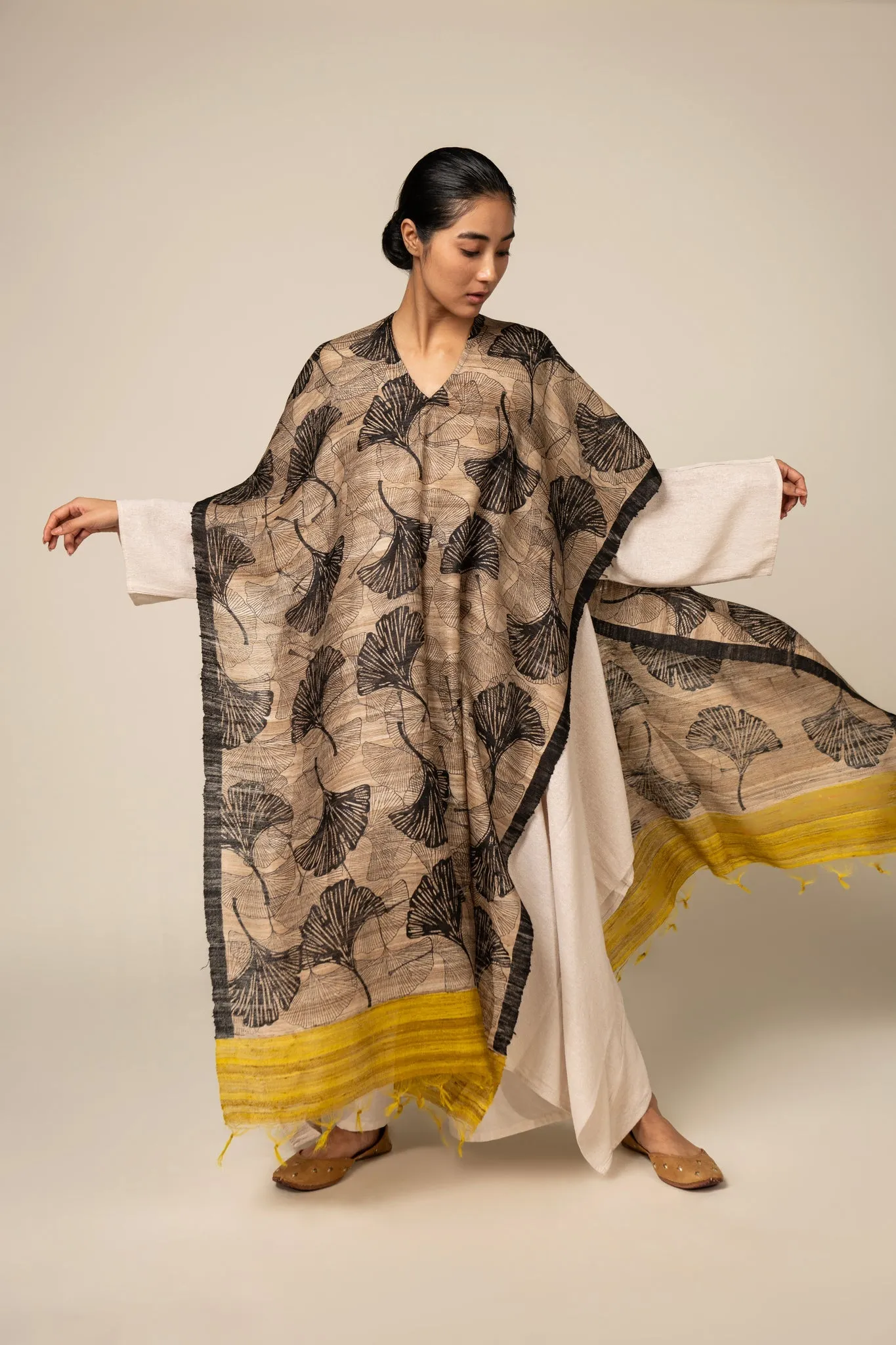 Yellow Ginkgo Tussar Peace Silk 3 in 1 Cape