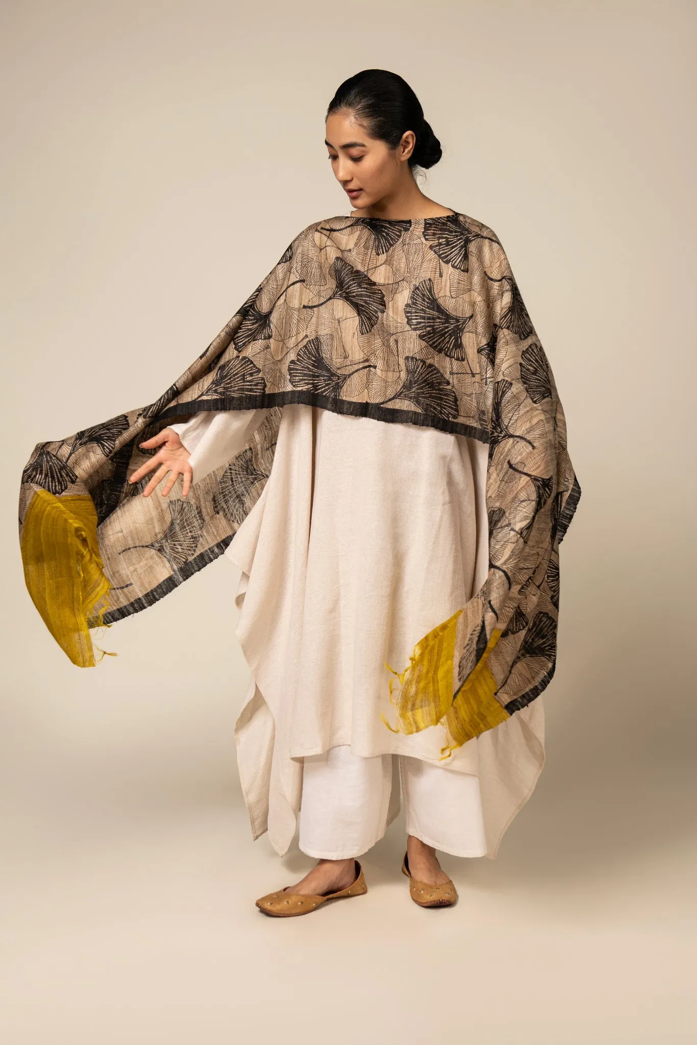 Yellow Ginkgo Tussar Peace Silk 3 in 1 Cape