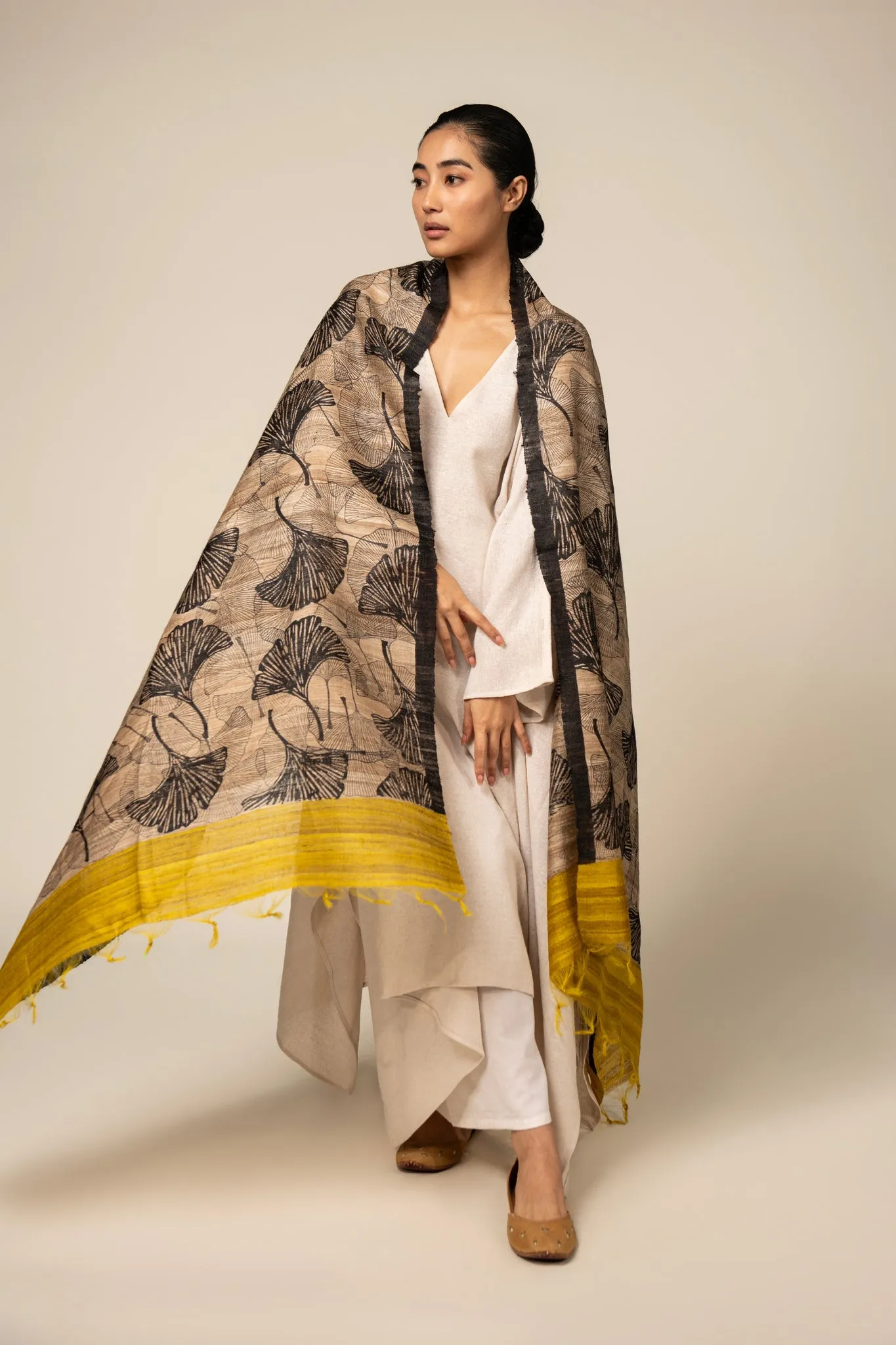 Yellow Ginkgo Tussar Peace Silk 3 in 1 Cape
