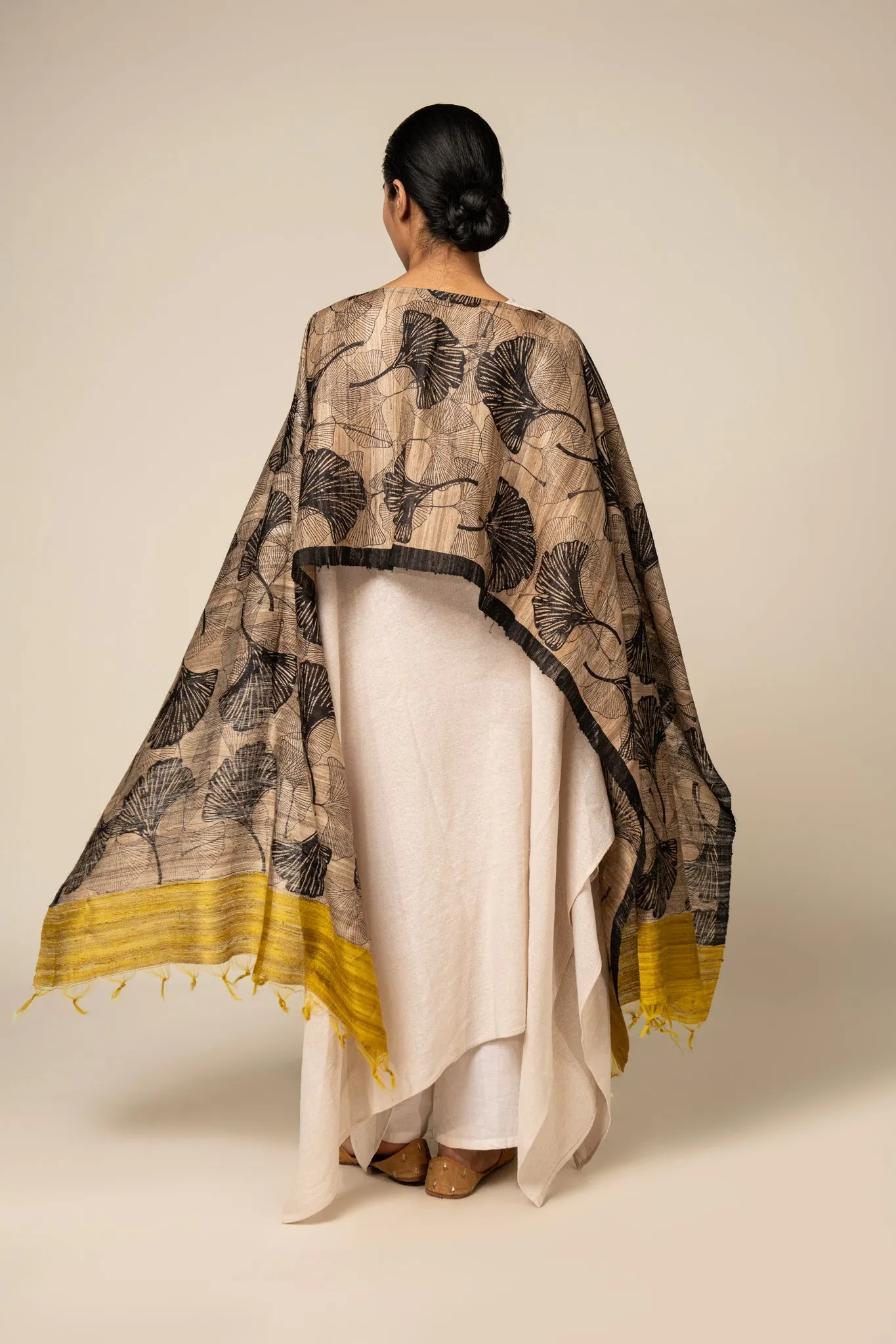 Yellow Ginkgo Tussar Peace Silk 3 in 1 Cape