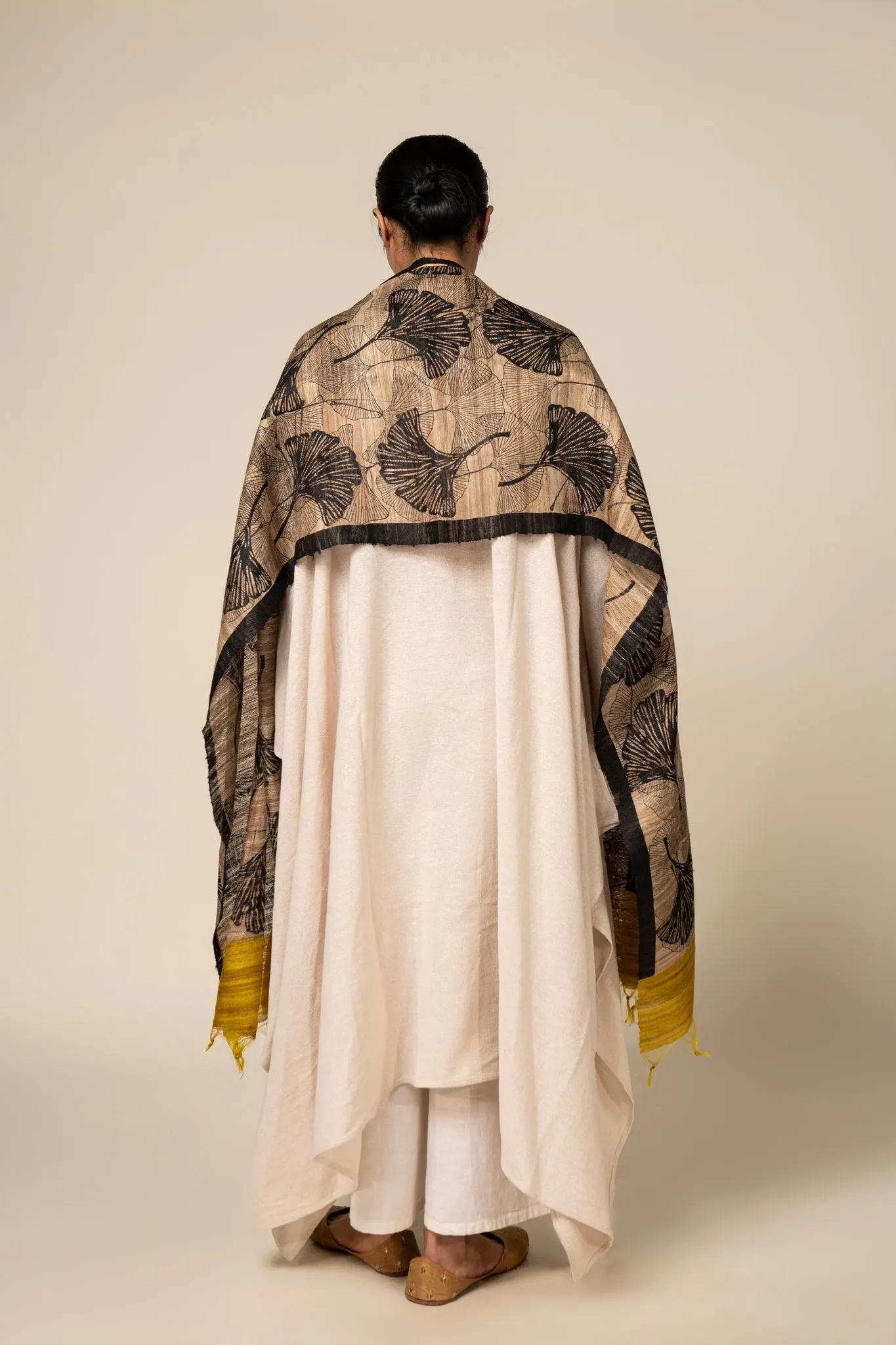 Yellow Ginkgo Tussar Peace Silk 3 in 1 Cape