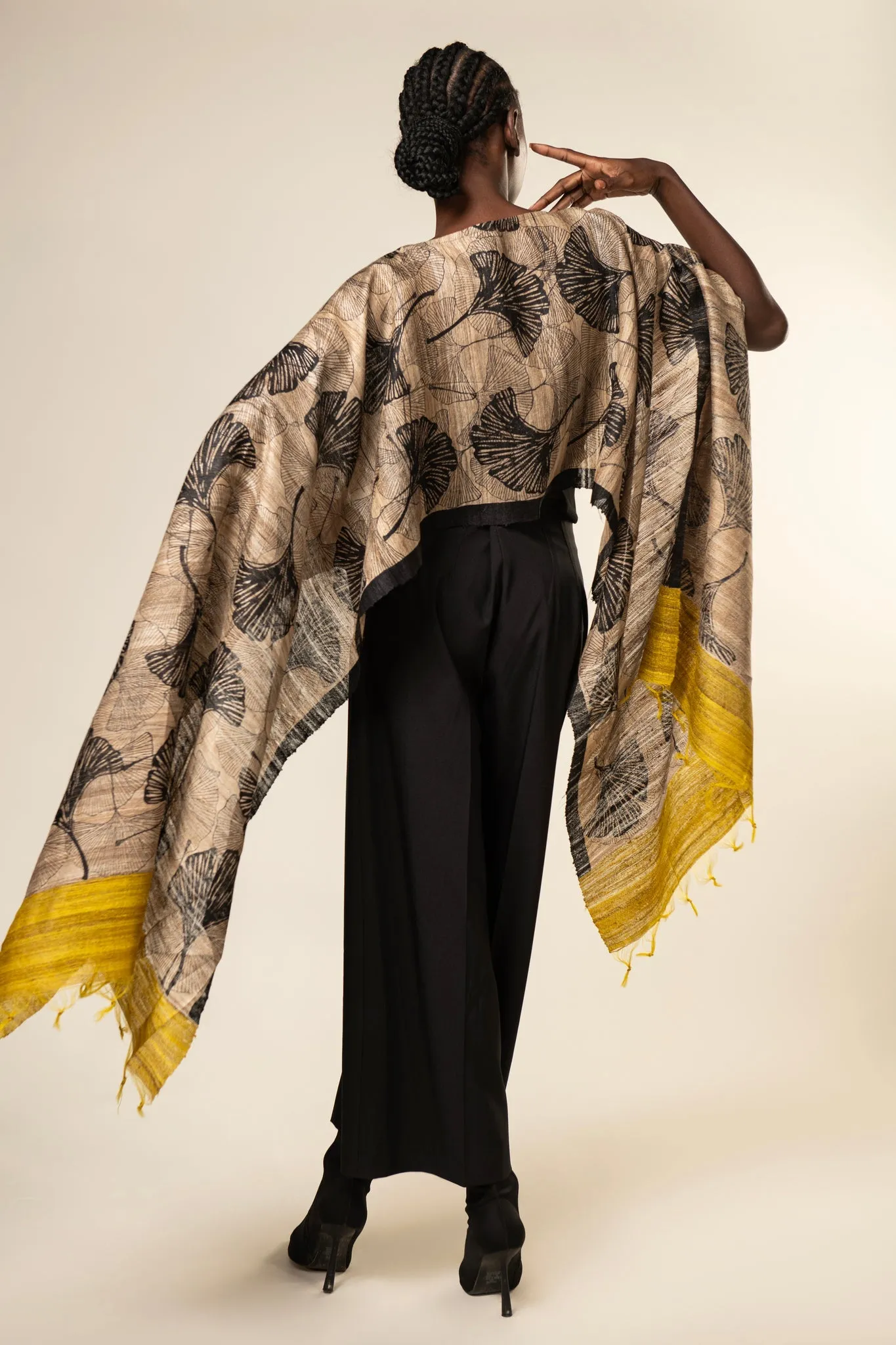 Yellow Ginkgo Tussar Peace Silk 3 in 1 Cape