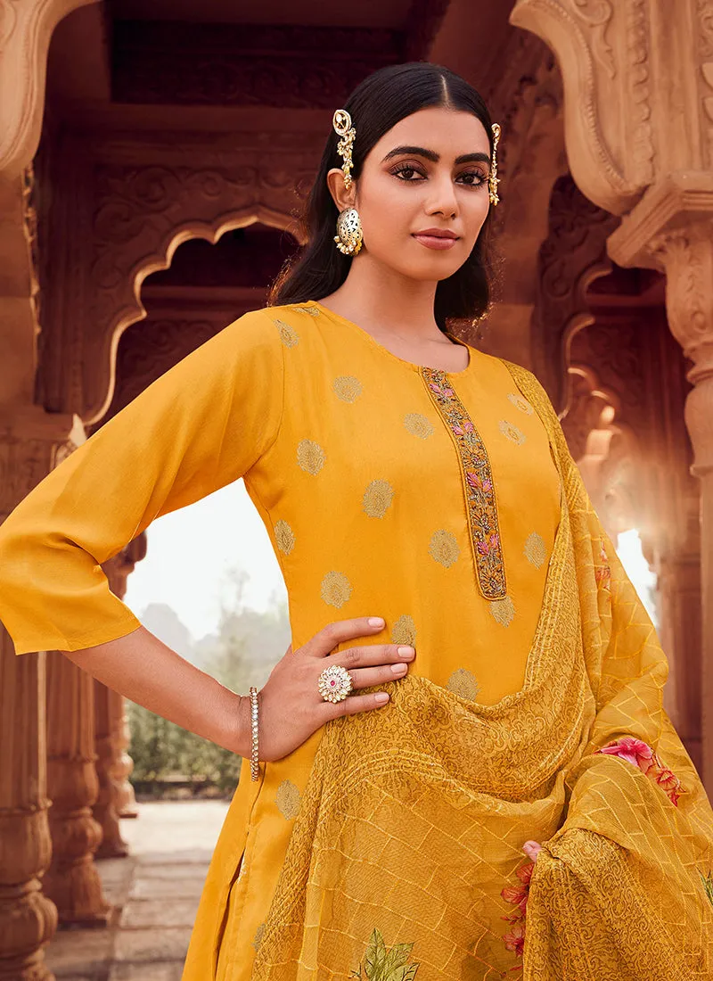 Yellow Handwork Embroidery Traditional Pant Style Suit