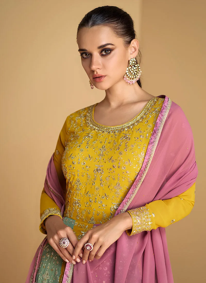 Yellow Multicoloured Embroidered Designer Anarkali Dress