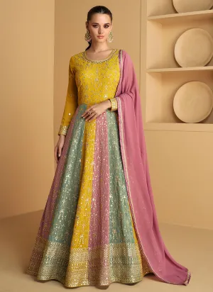Yellow Multicoloured Embroidered Designer Anarkali Dress
