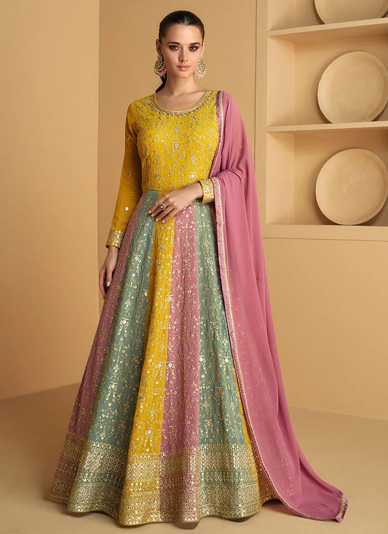 Yellow Multicoloured Embroidered Designer Anarkali Dress