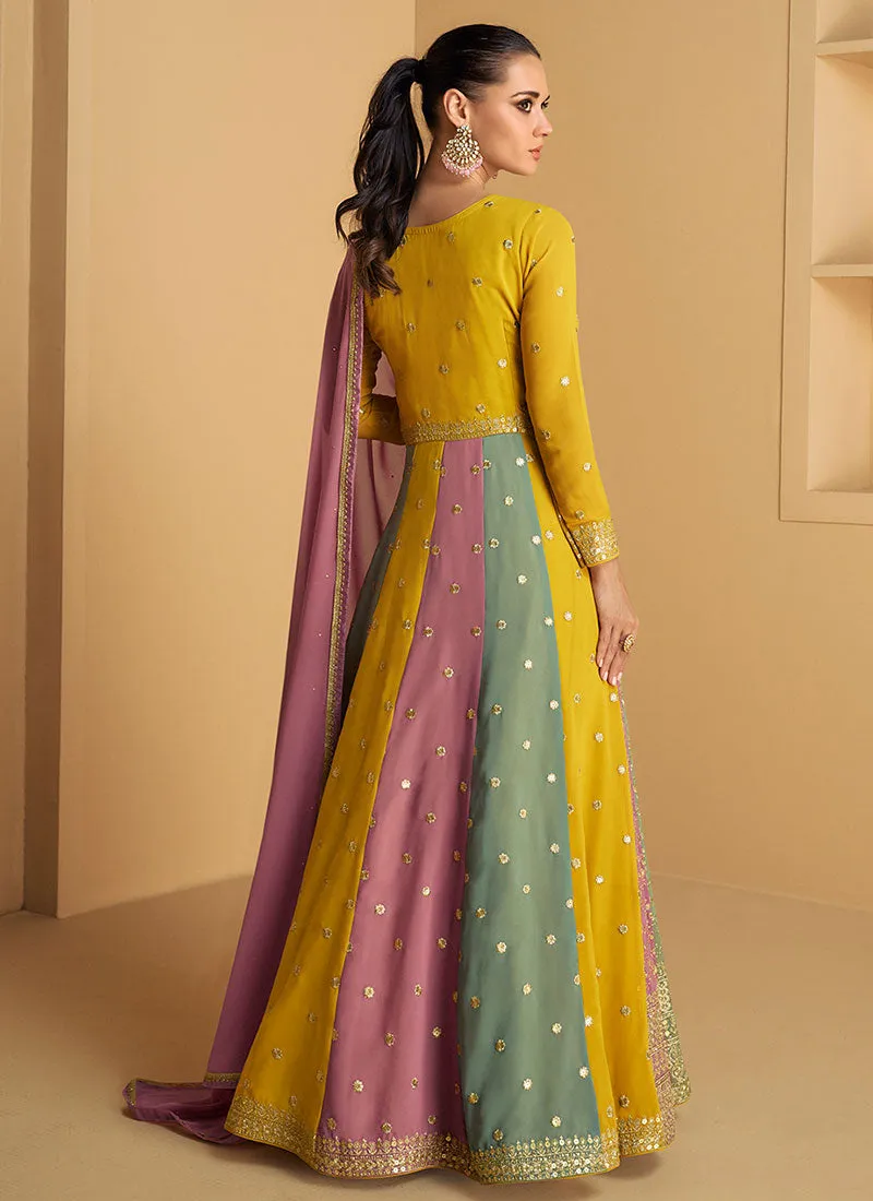 Yellow Multicoloured Embroidered Designer Anarkali Dress
