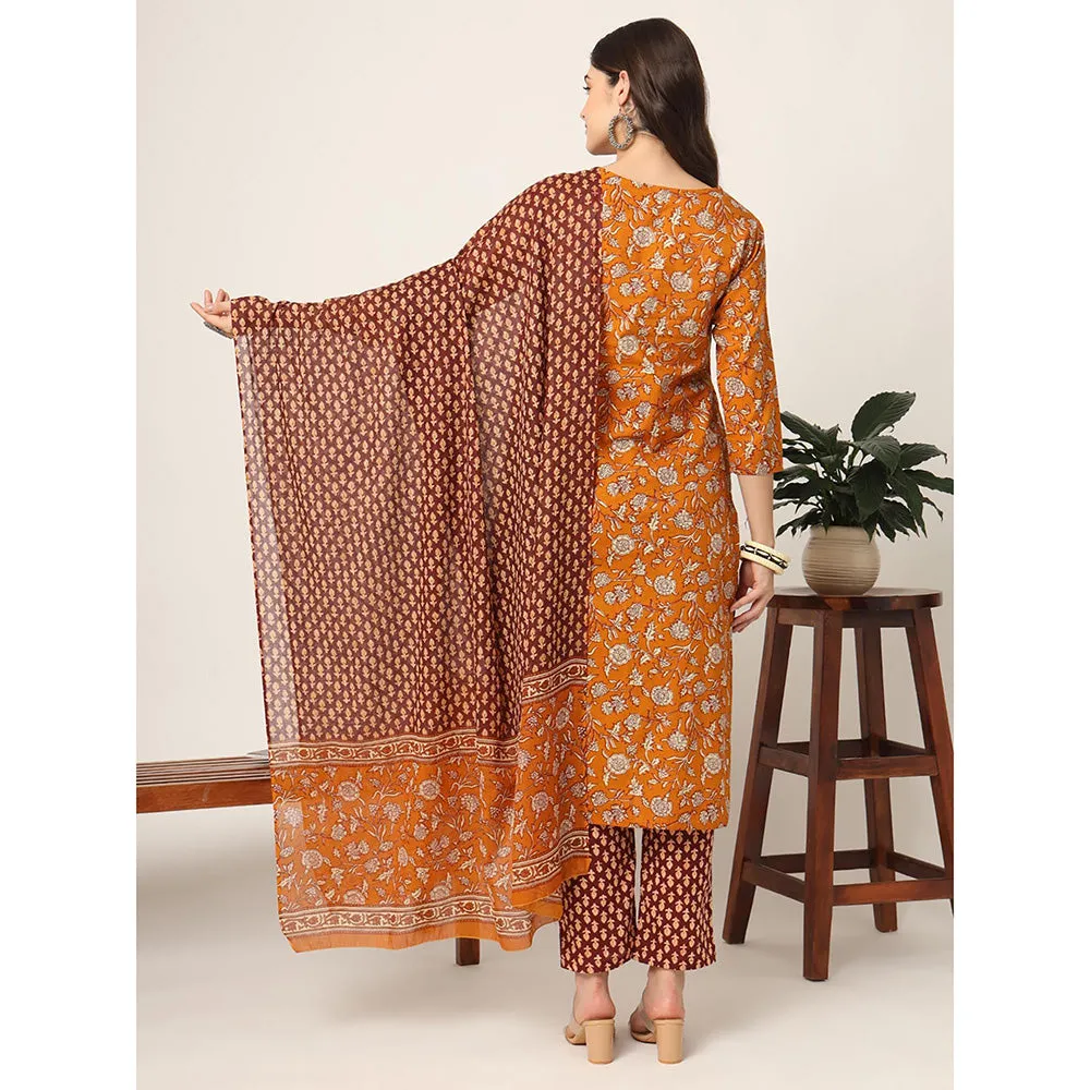 Yufta Piping On Yoke Floral Print Mustard Cotton Kurta with Pant & Dupatta (Set of 3)