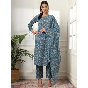 Yufta Pure Cotton Straight Blue Kurta with Pant & Dupatta (Set of 3)